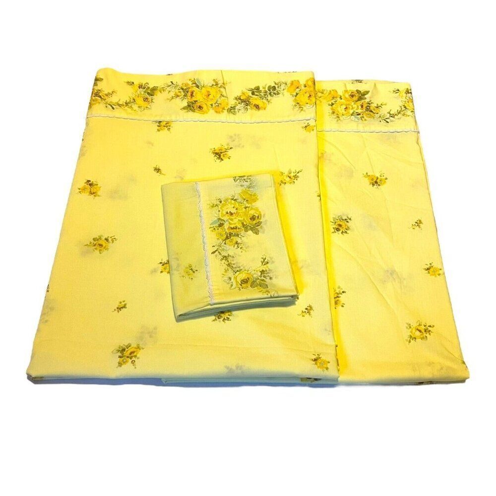 Twin Perma Prest Yellow Floral Set of 2 Flat Sheets 1 Pillowcase Vintage Lot